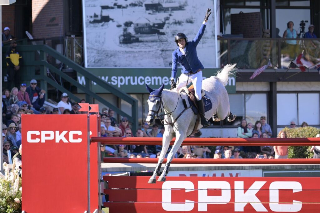 click to enlarge photo A daring Martin Fuchs over the final fence. (Spruce Meadows photo)